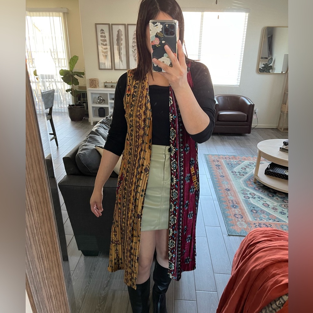 Dor Dor Couture Velvet Duster (Long Vest) in Burgundy & Mustard, Size M•••Boho